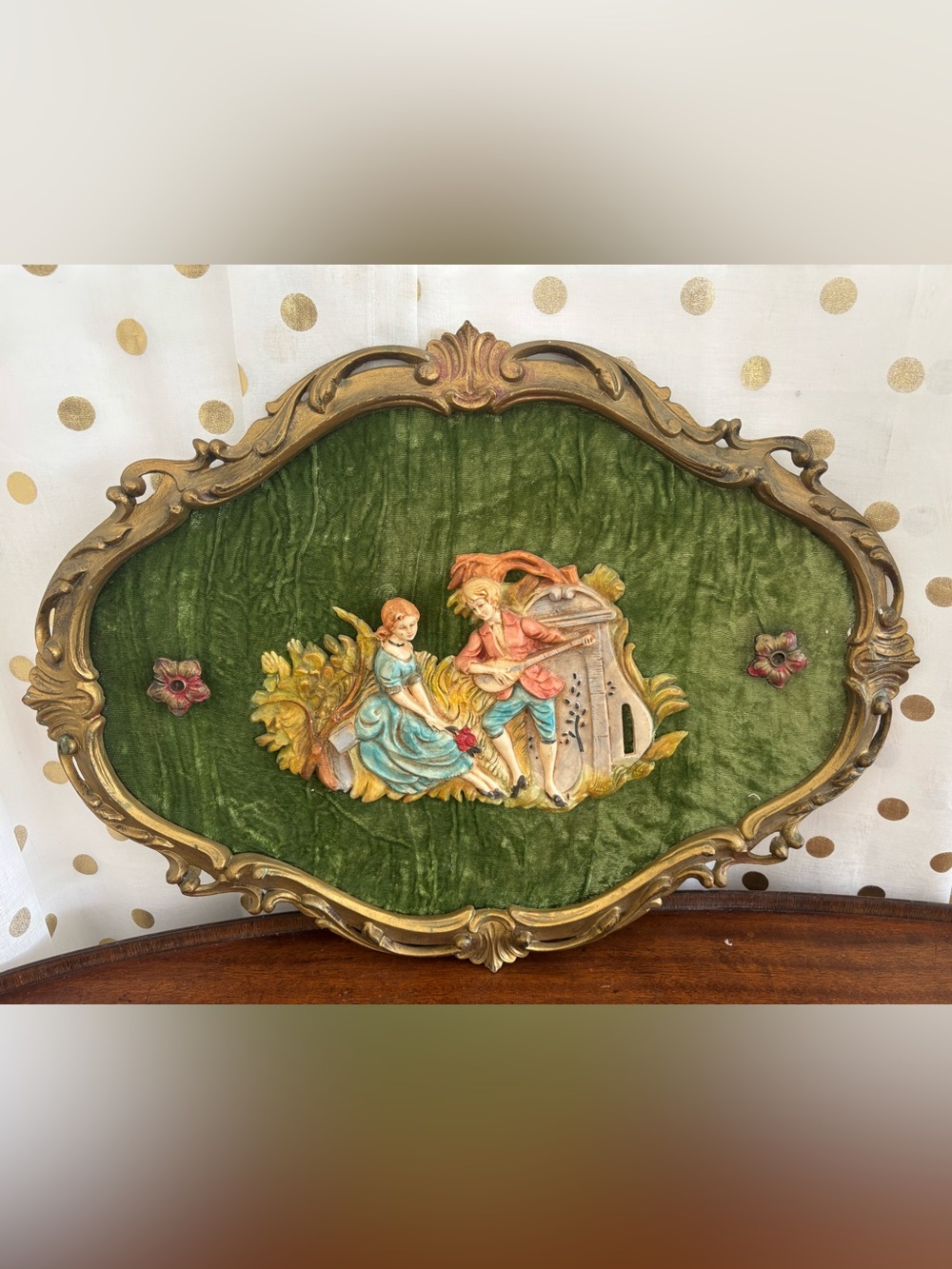 Vintage Empire Italian 3D Wall Relief Green Velvet Rococo Gold Ornate Oval Frame